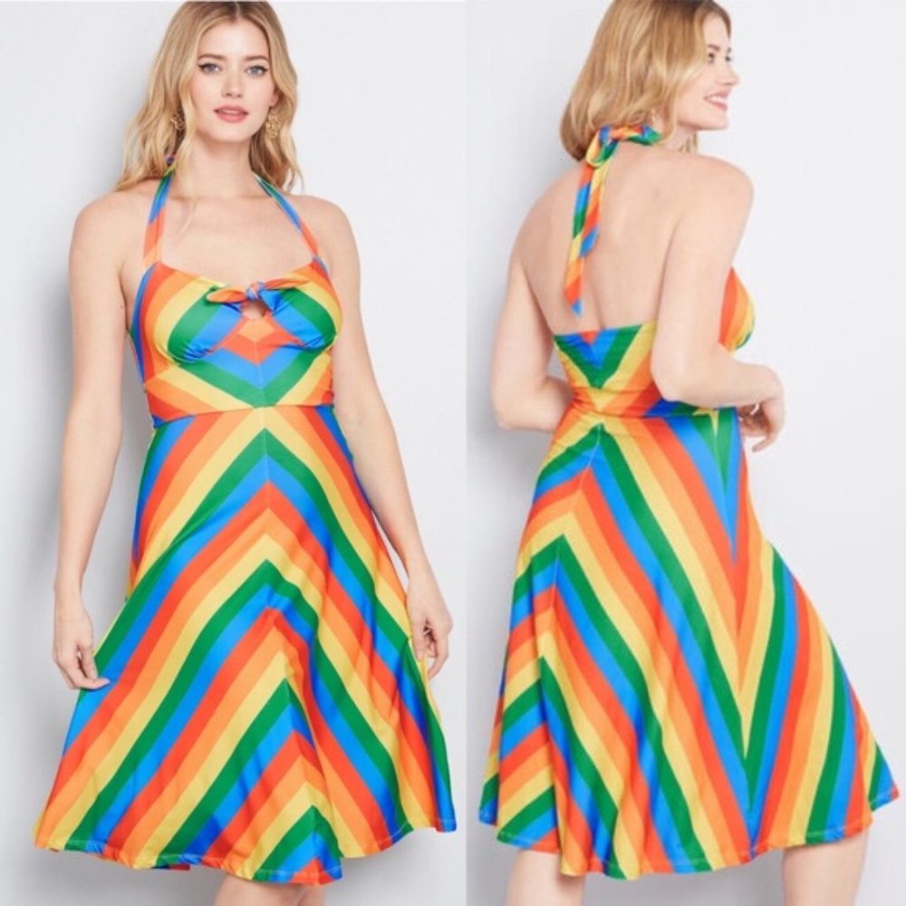 Modcloth rainbow striped halter top swing dress - SOFT AND AMAZING!  plus 1x